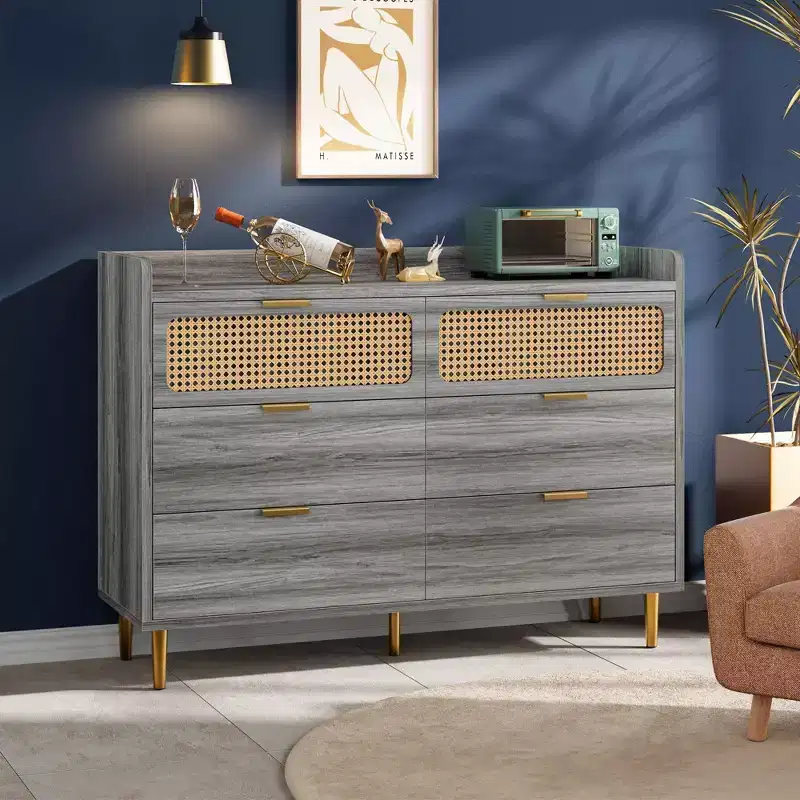 TROPOW Dresser TV Stand with Railed Edge, 6 Drawer Double Dresser, Mid Century Modern Gold Closet Dresser with High Legs, Rattan Design, Large