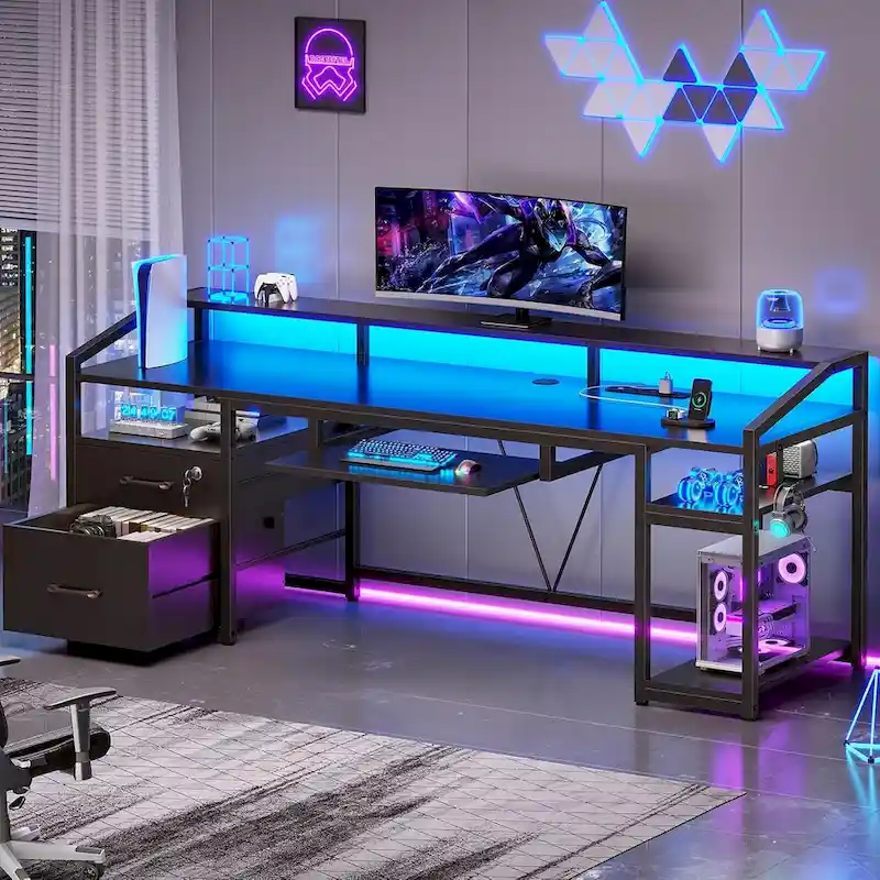 LED Computer Desk With Lock Drawers Keyboard Tray Power Outlet