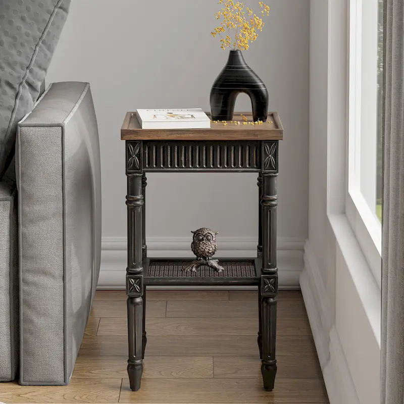French Country Side Table, White/Black, Tray Top & Wicker Shelf, Distressed