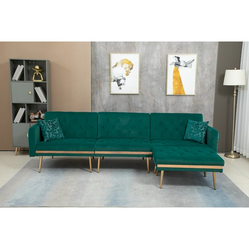 Polyester Upholstered Tufted Sleeper L-Shaped Sectional Sofa With Ottoman