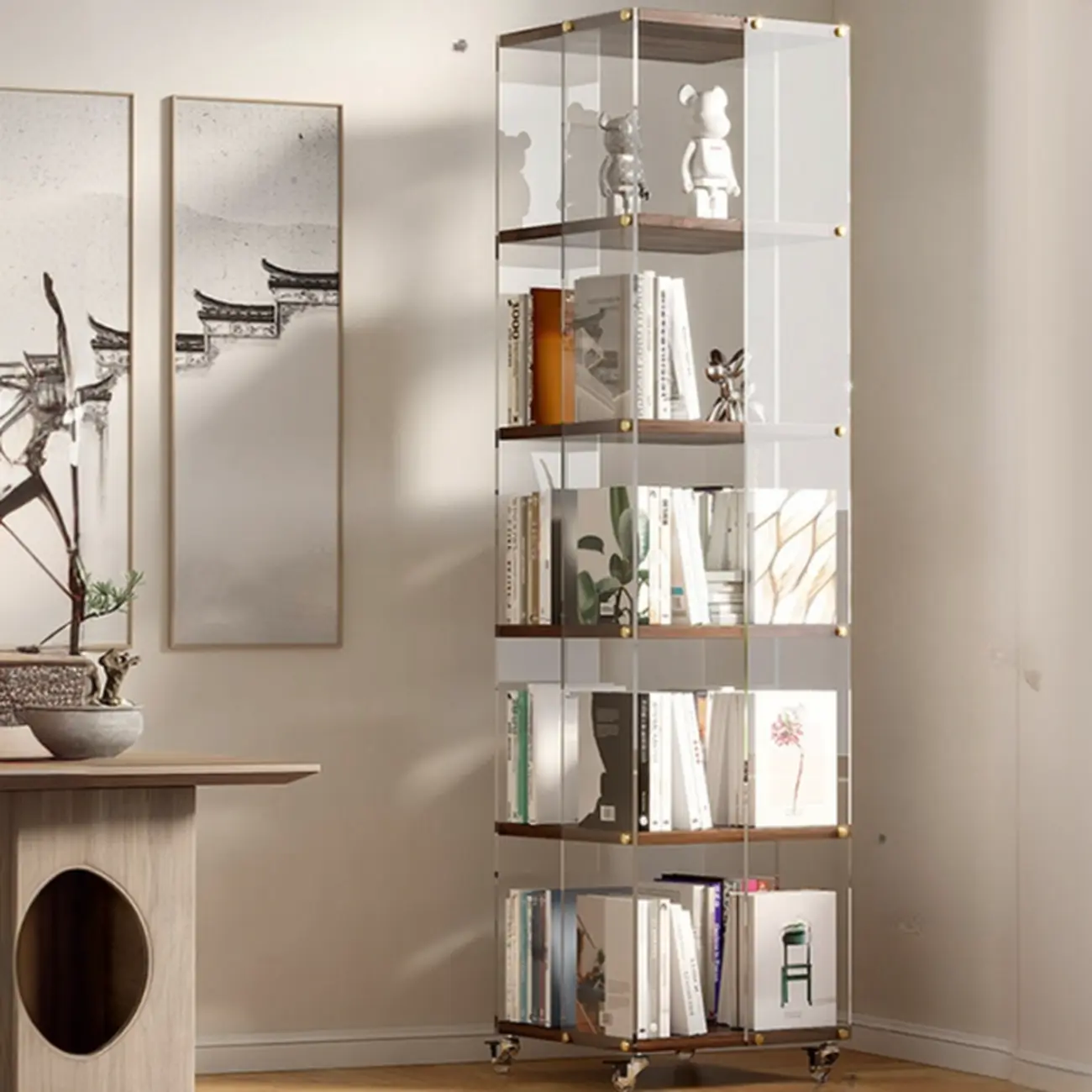 Art Deco Square Timber Shelf Glass Panel Swivel Chest