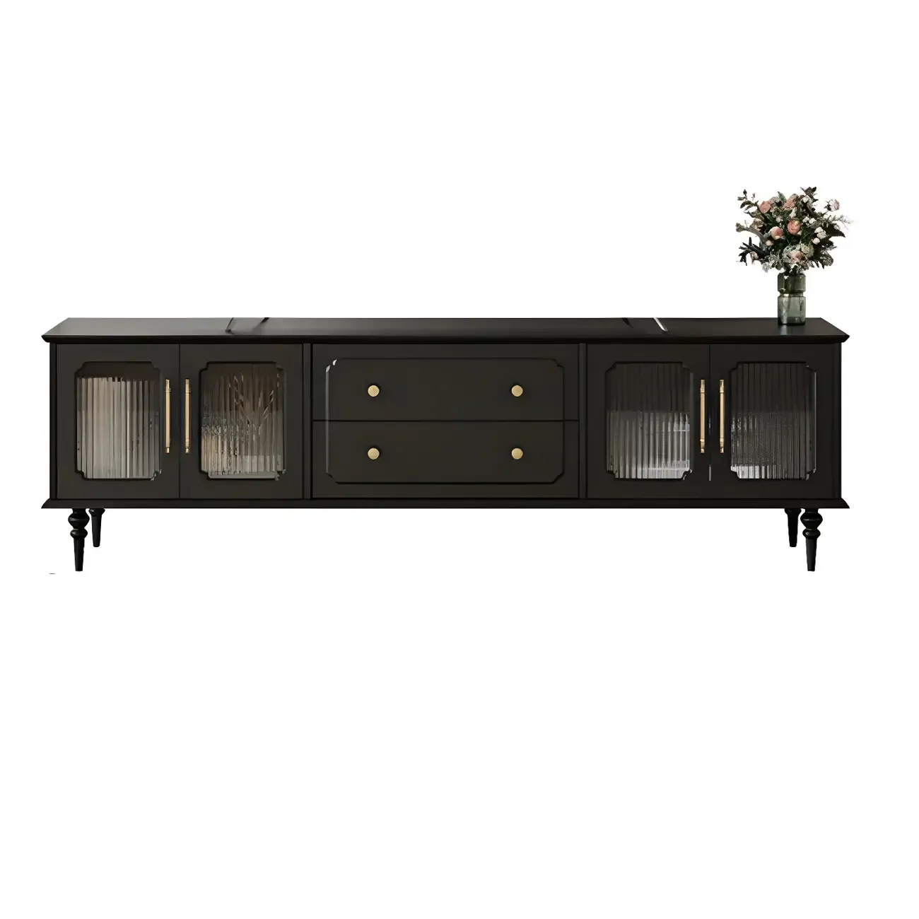 Elegant Black Wooden TV Stand with Drawers and Cabinets