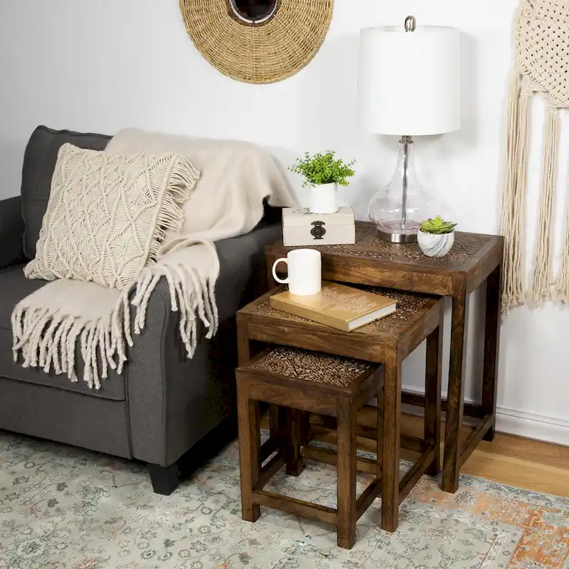 Set of 3 Walnut Brown Stackable Mandala Nesting Tables 24