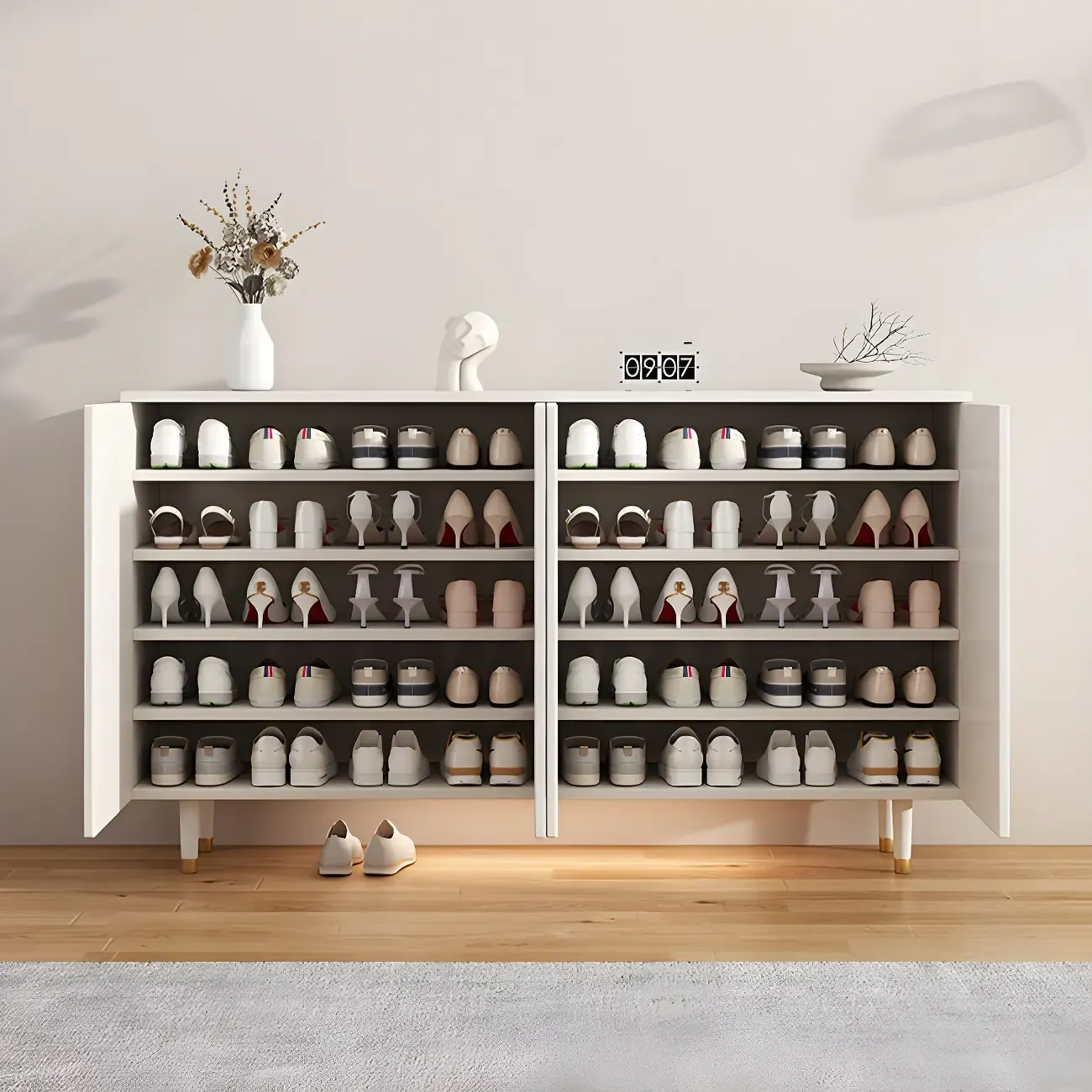 Green Wood Shoe Cabinet with Adjustable Shelves