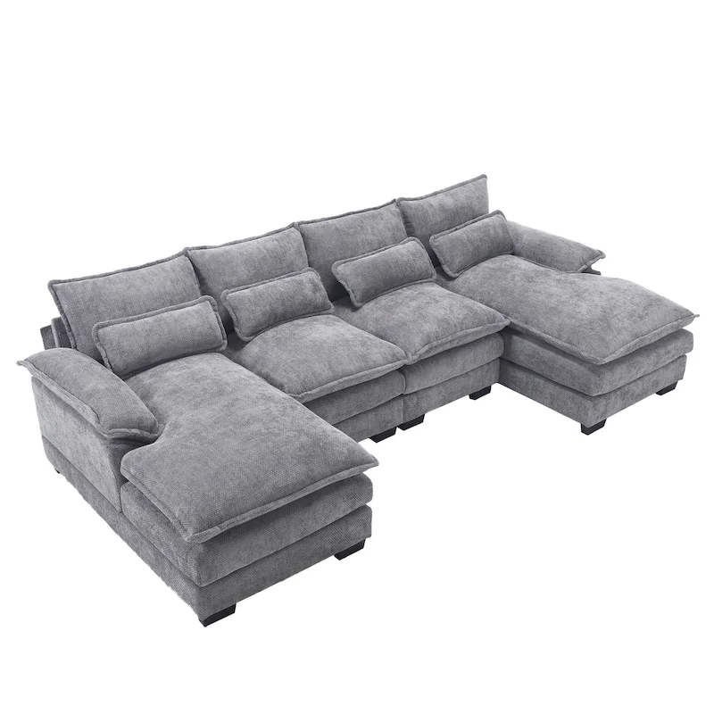 Chenille Upholstered U-Shaped Living Room Sectional Sofa With Wooden Legs