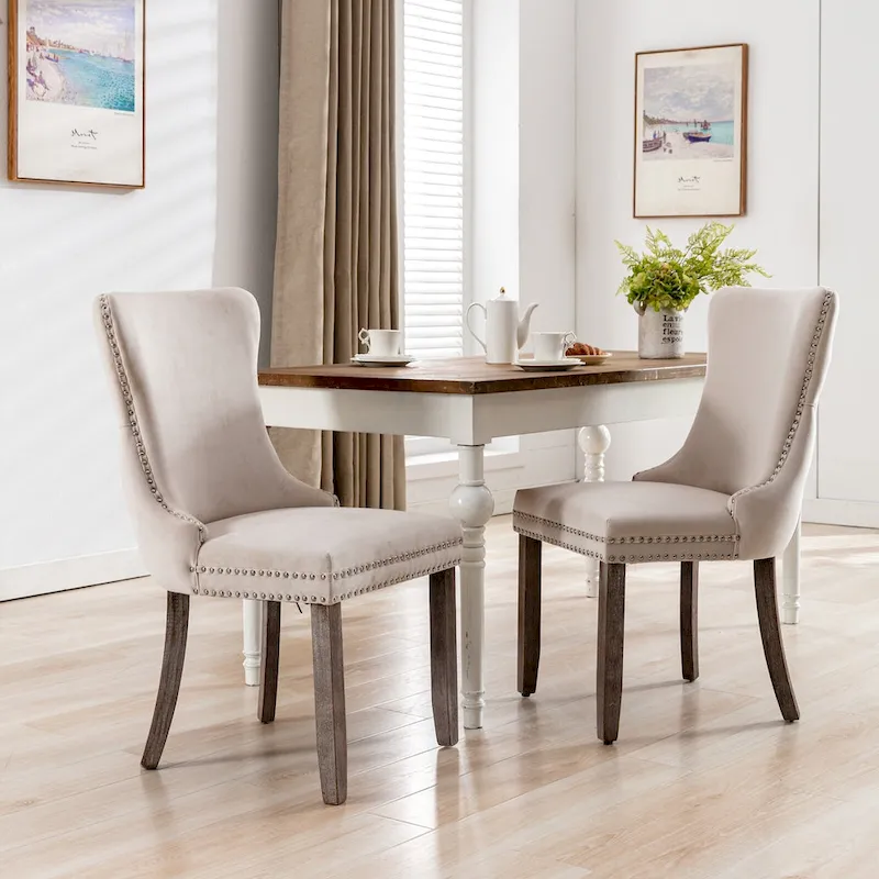 Velvet Upholstered Dining Chair with Wing Back Modern Kitchen Chair with Nailhead Trim Wood Frame Side Chair, Set of 2