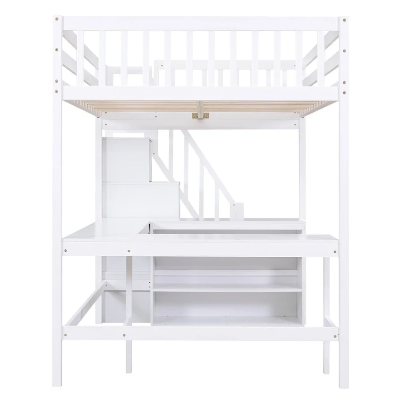 White Full Size Pine Wood Loft Bed with L-shaped Desk and Storage Staircase