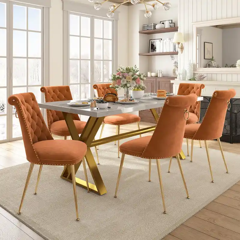 7-Piece Clihome Marble Dining Table with Velvet Chair Dining Chair