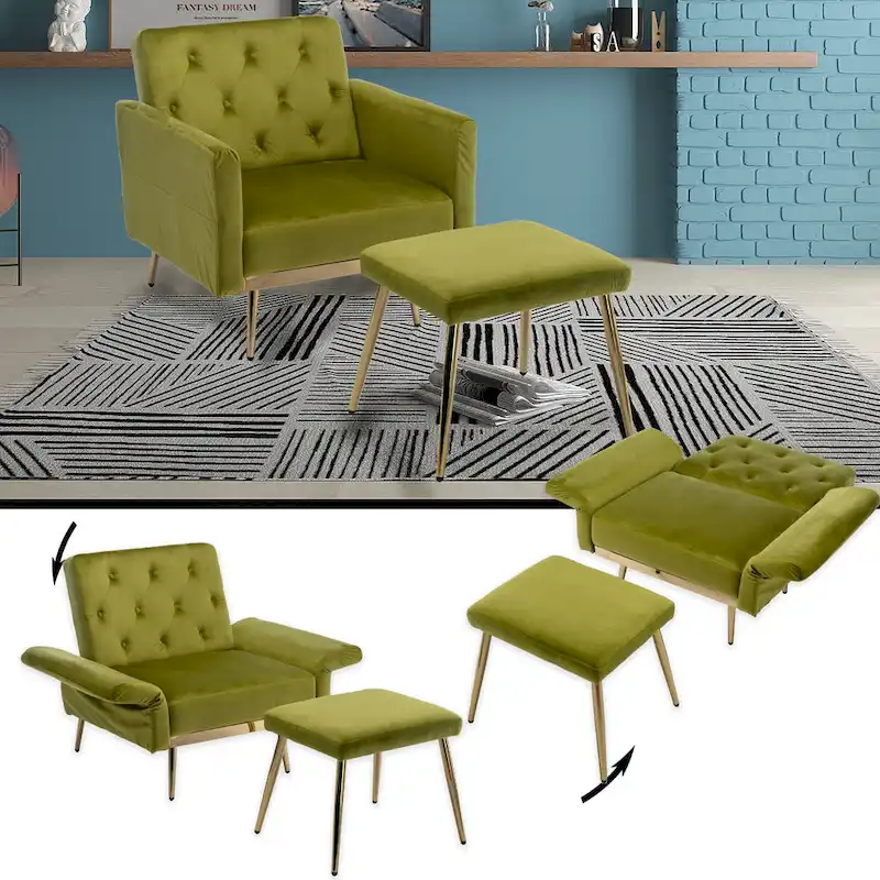 HOMEFUN Velvet Tufted Adjustable Armrests and Backrest Armchair with Ottoman