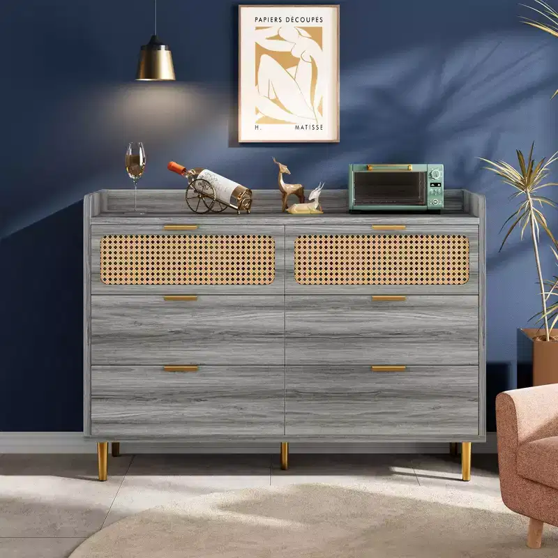 TROPOW Dresser TV Stand with Railed Edge, 6 Drawer Double Dresser, Mid Century Modern Gold Closet Dresser with High Legs, Rattan Design, Large