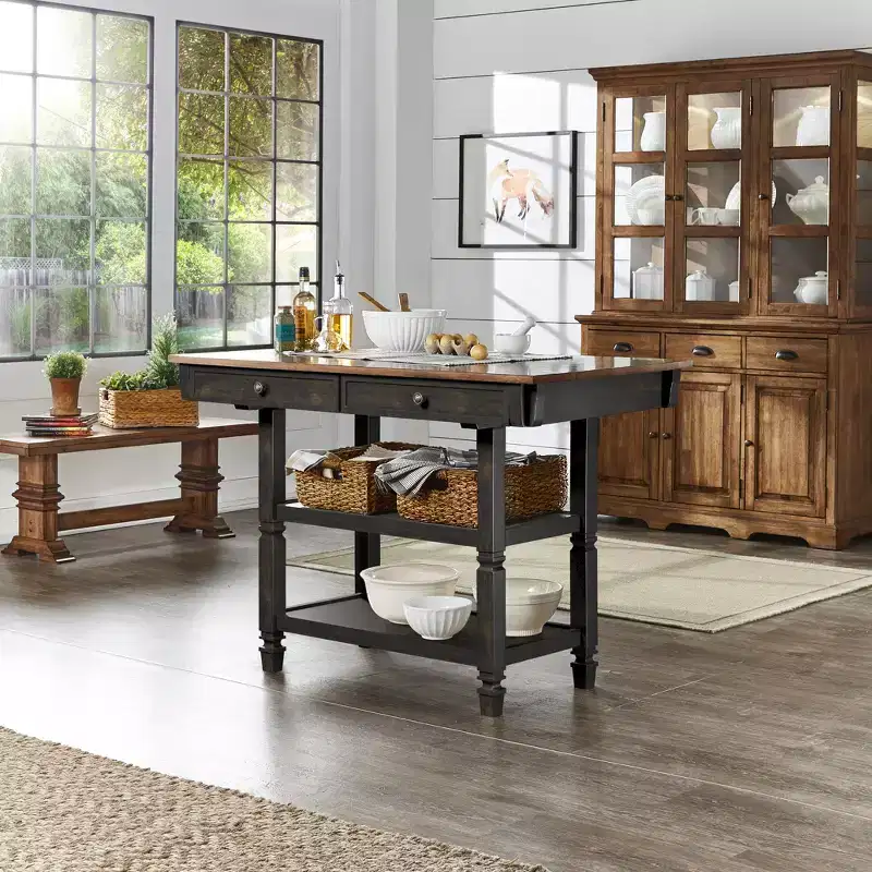 Two-Tone Kitchen Island with Drawers – Antique Grey / Antique White / Black