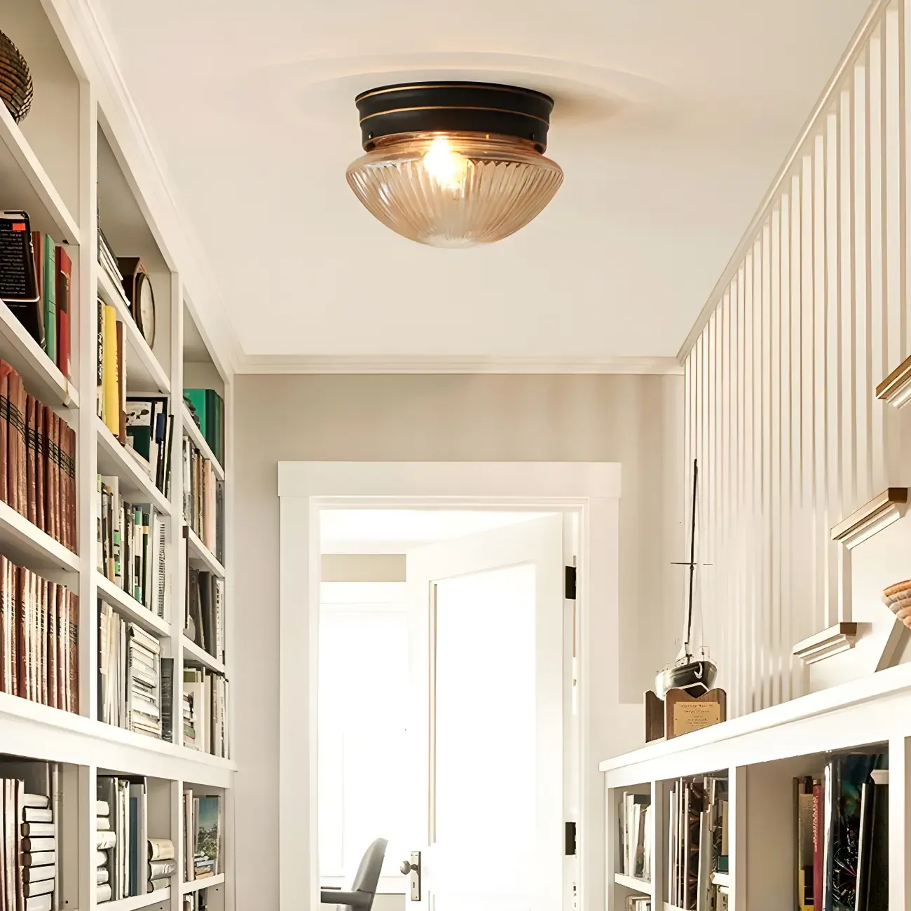 Classic Bronze Amber Ribbed Glass LED Flush Mount Ceiling Light