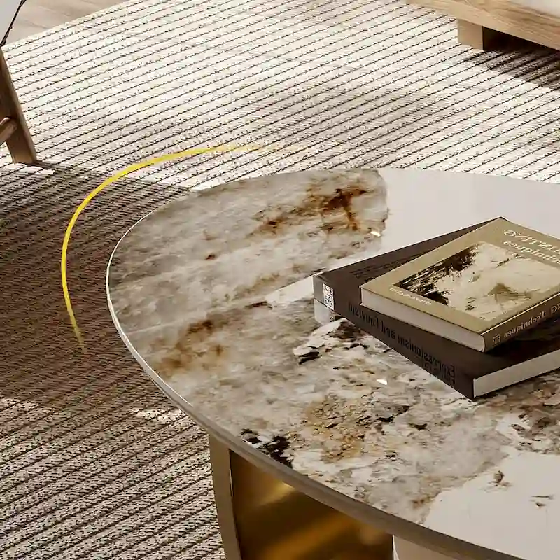 51 Modern Oval Coffee Table, Sintered Stone Top, Gold legs, Drawer - 51.2 X 27.5