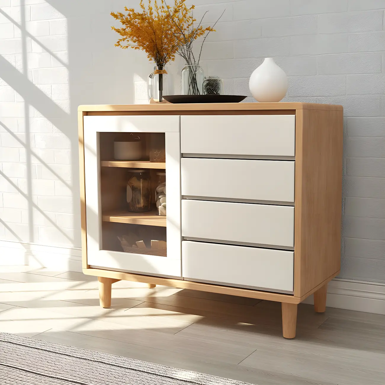 Multi-Drawer Light Wood China Cabinet with Glass Doors