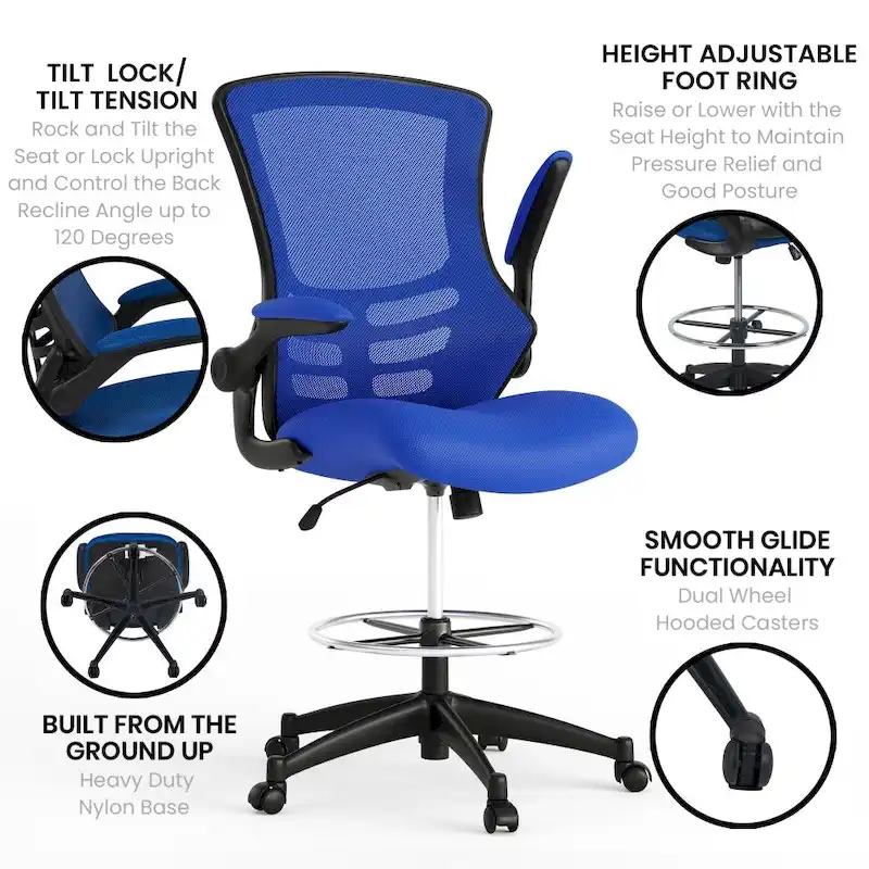Mid-Back Ergonomic Drafting Chair with Adjustable Foot Ring and Flip-Up Arms
