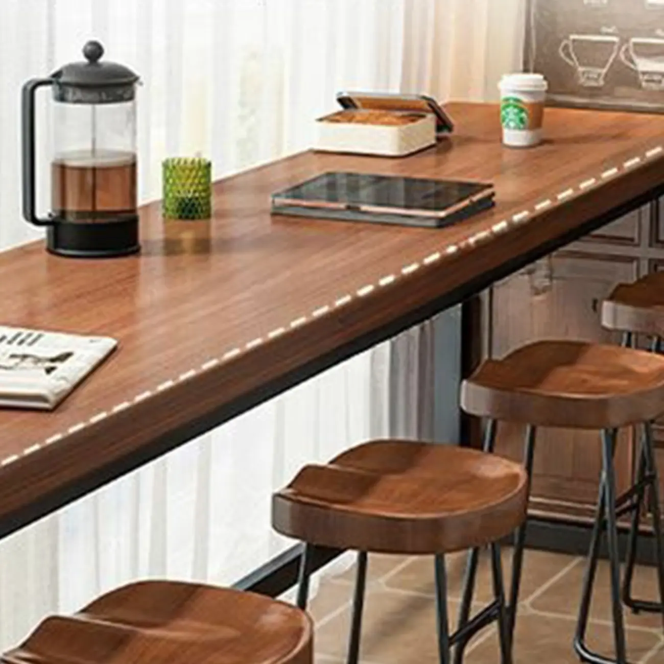 Modern Brown Wooden Metal Frame Fixed Top Bar Tables