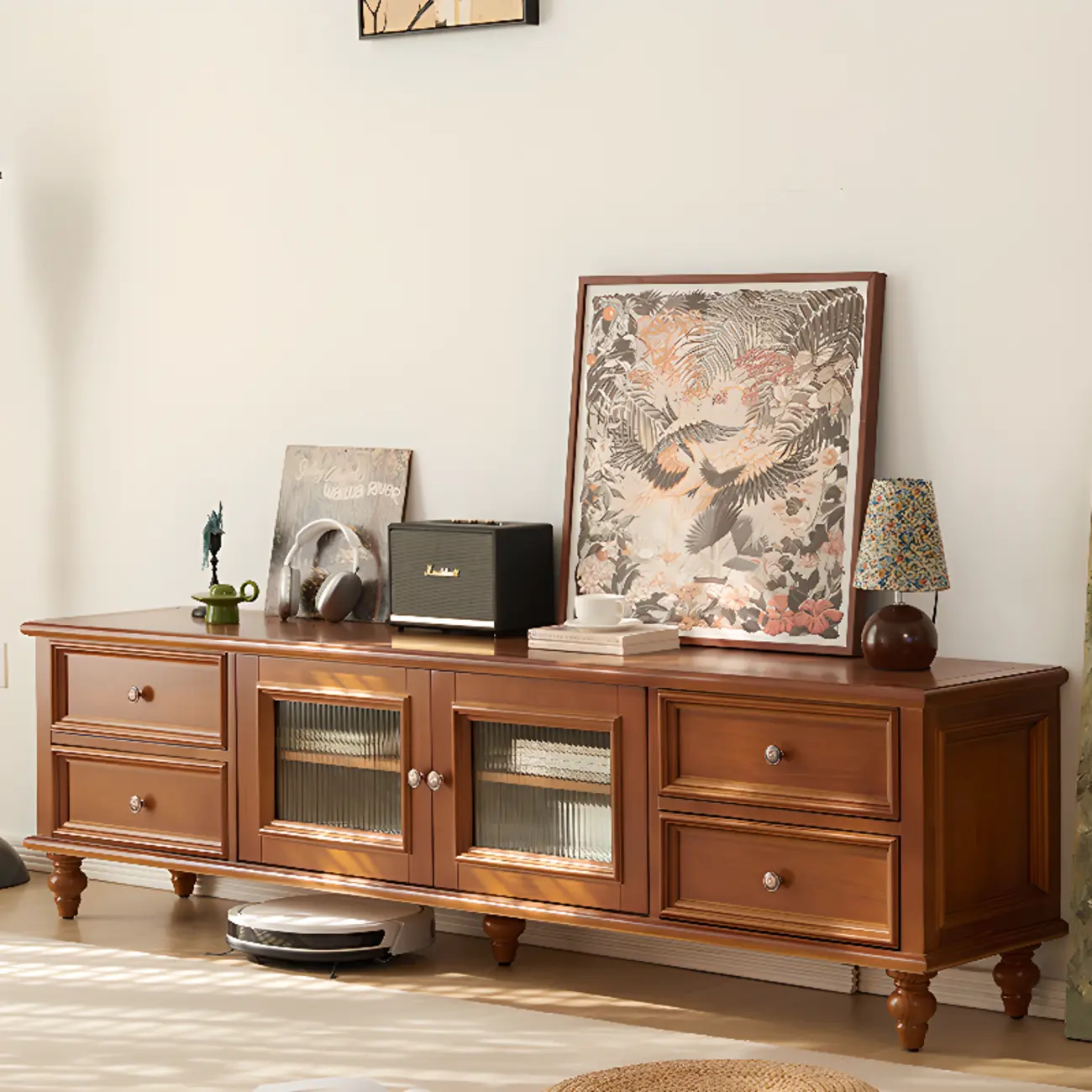 Walnut Wood Vintage Dresser TV Stand with Cabinet
