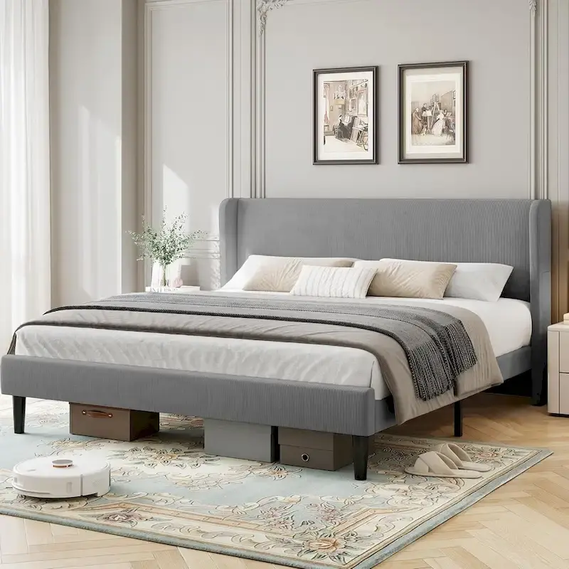 Upholstered Wingback Bed Frame with Velvet Headboard