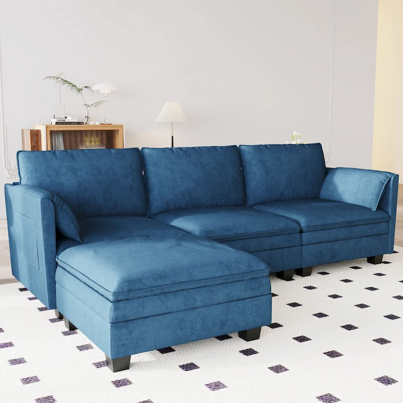 Christopher Knight Home - Noah Large 3-Seater L-Shaped Sofa with Movable Ottoman and Armrest Pockets, Fabric Upholstery