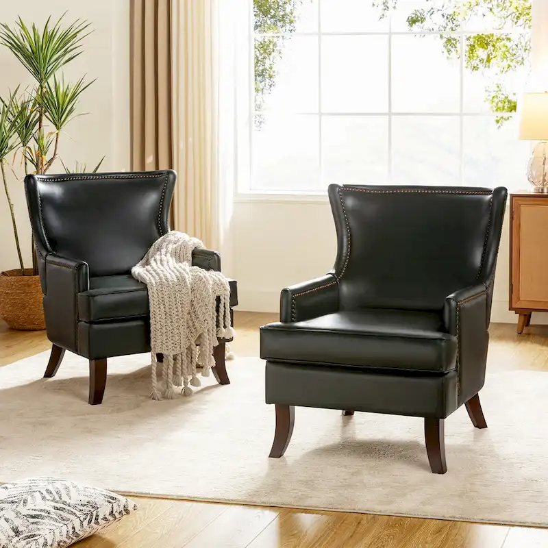 Angeles Mid-century Modern Ergonomic Vegan Leather Armchair with Wingback Set of 2 by HULALA HOME