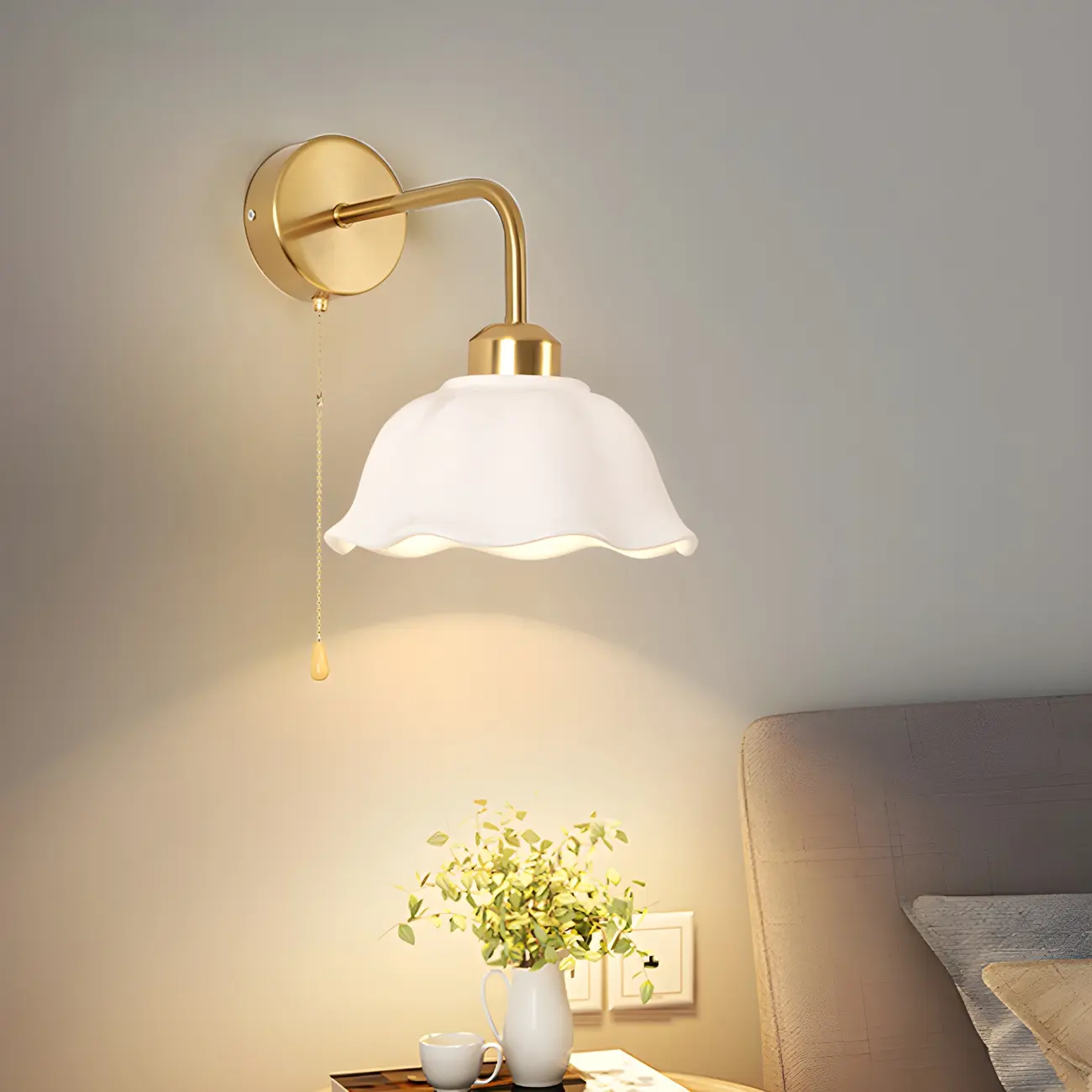 Modern Gold White Ceramic Pull Chain Wall Sconce