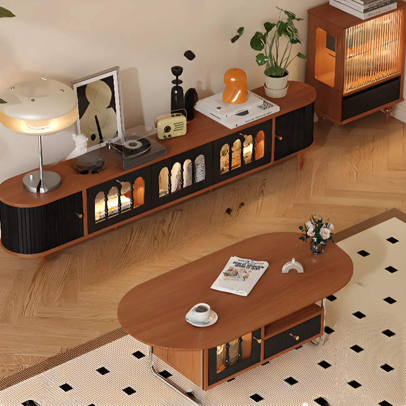 Warm Shaker Wood TV Stand with Cable Management & Light & 4-Cabinet/5 Cabinets/6 Cabinets