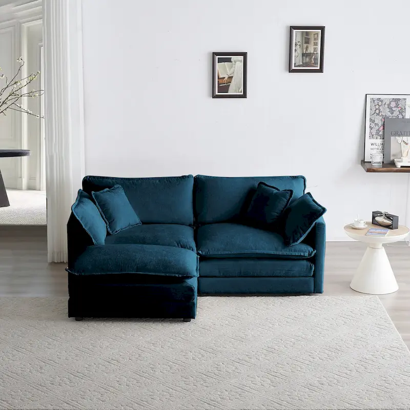 Chenille L-Shaped Sectional, 2 Seater Loveseat with Ottoman Blue