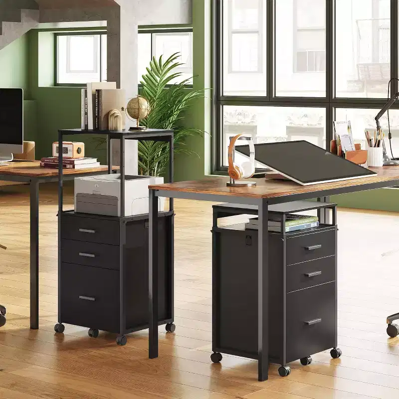 DEXYLLO File Cabinet with Storage Drawers, Rolling Printer Stand with Adjustable Shelves, Wood Filing Cabinet for Home Office