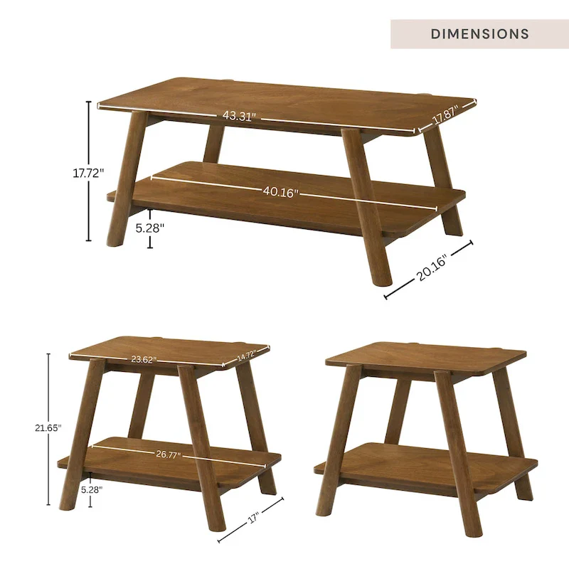 Roundhill Furniture Metz Mid-Century Wood Shelf 3-Piece Coffee Table Set