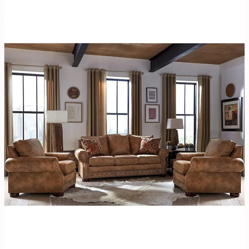 Made in USA Rancho Rustic Brown Buckskin Fabric Sofa Bed and Two Chairs Set