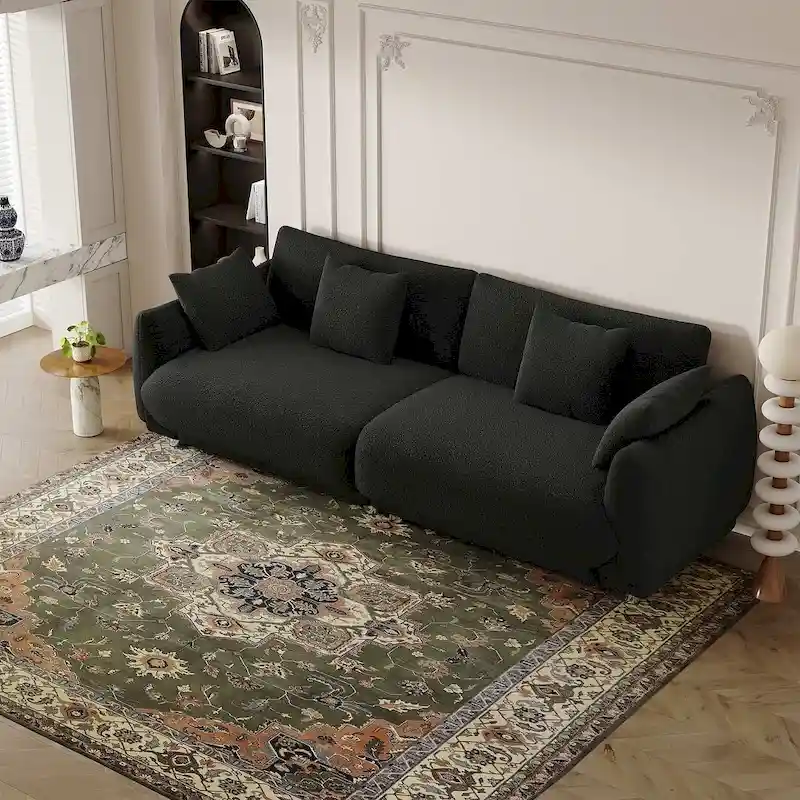 Modern Teddy Velvet 3-Seat Sofa with 4 Pillows & Metal Legs, 86.6