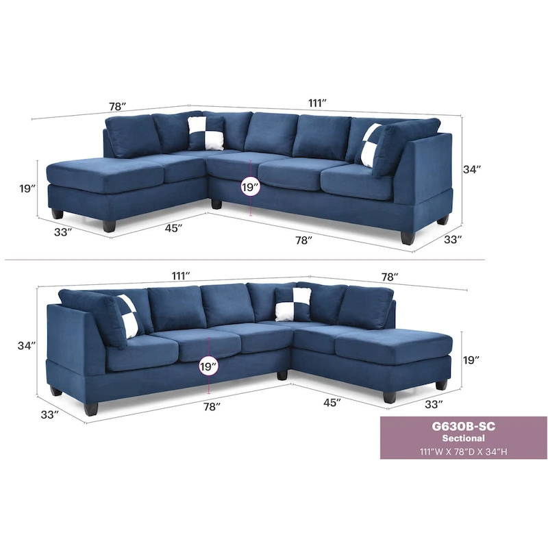 Malone 111 in. Suede 4-Seater Sectional Sofa with 2-Throw Pillow - 111L x 78W x 34H