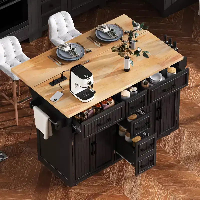 Kitchen Island with Drop Leaf, Rolling Kitchen Cart on Wheels with Doors, Drawers and Power Outlet for Dining Room