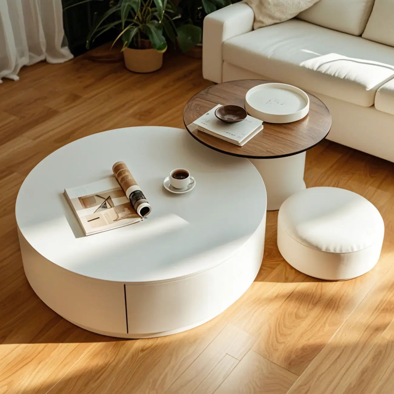 Modern Wood Round Nesting Coffee Table with 2 Drawers