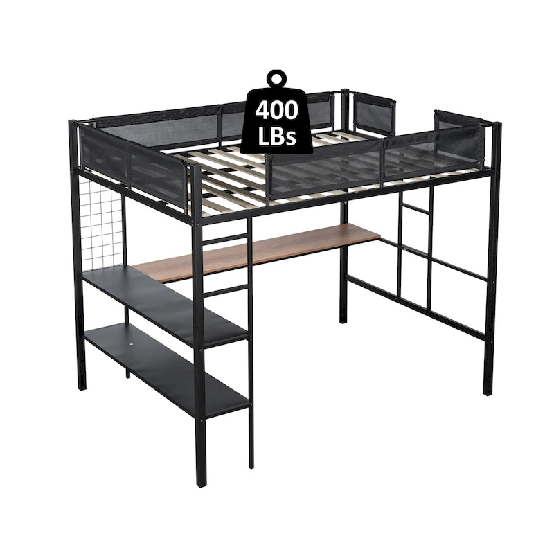 Metal Full Size Loft Bed with Desk and Shelves