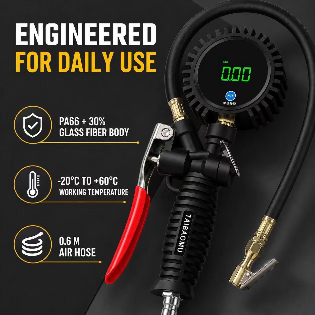 TB‑805 Digital Tire Pressure Inflator Gauge, High Precision LED Display Tire Inflator Gun for Car Van Motorcycle for cars, trucks, RVs and garages