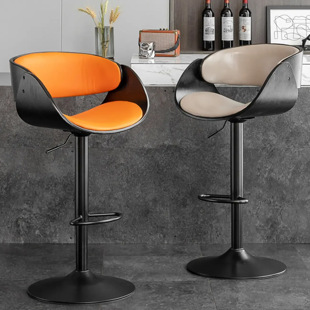 Contemporary Leather Swivel Bar Stools with Arm