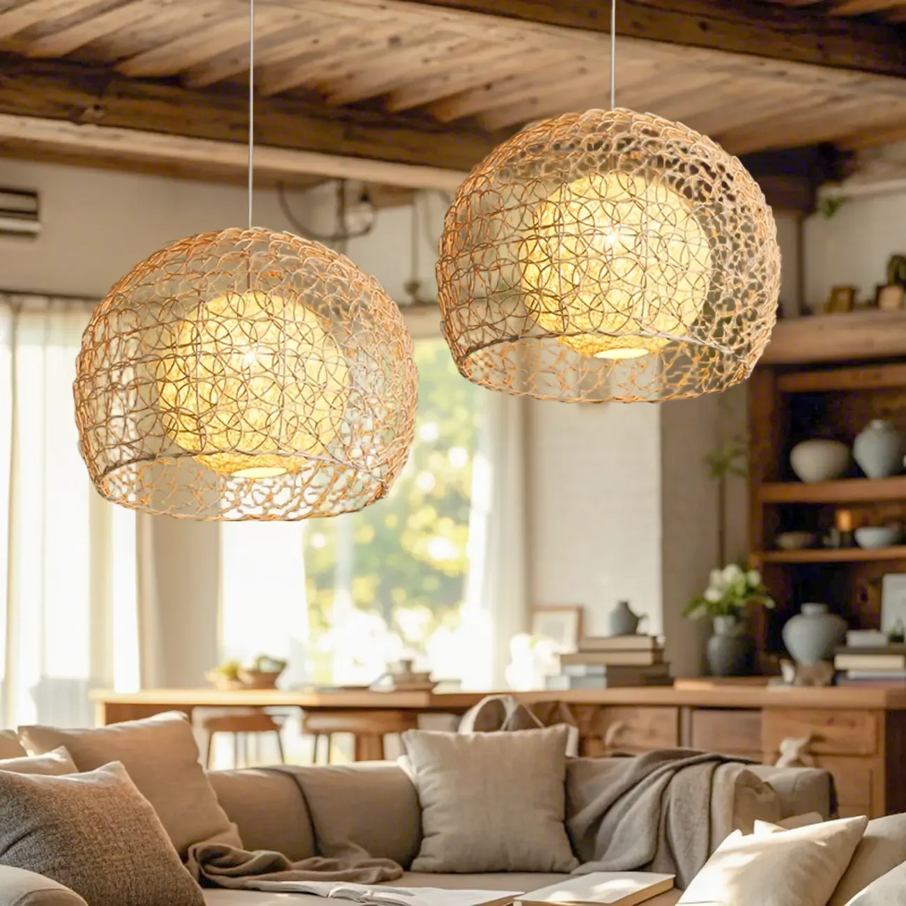 Japanese Rattan Round Lantern Pendant Light for Dining Room