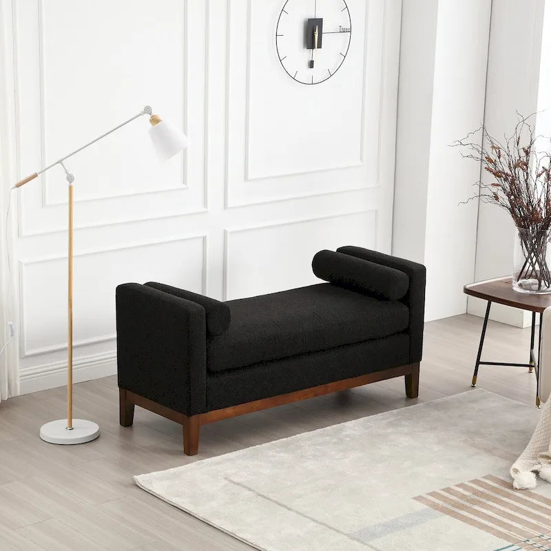 53.5W Elegant Boucle Upholstered Bench, Ottoman with Wood Legs & Bolster Pillows