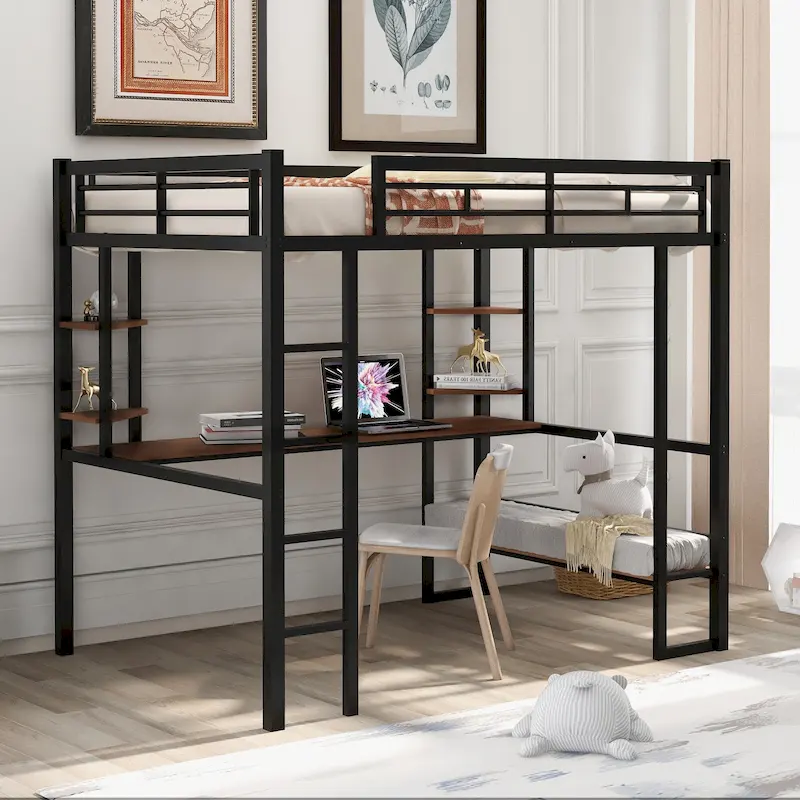 Full Metal Loft Bed with Long Desk & Shelves
