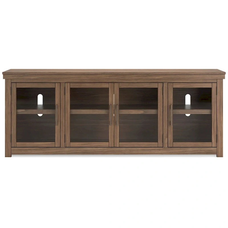 Olaf TV Media Console, 4 Glass Doors, Shelves, Brown Wood 85 Inch
