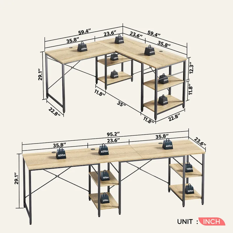 95.2 Inch L Shaped Desk with Shelves Home Office Computer Desk