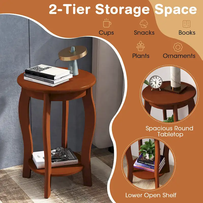 Gymax 2-Tier Round End Table Set of 2 Narrow Sofa Side Nightstand w/