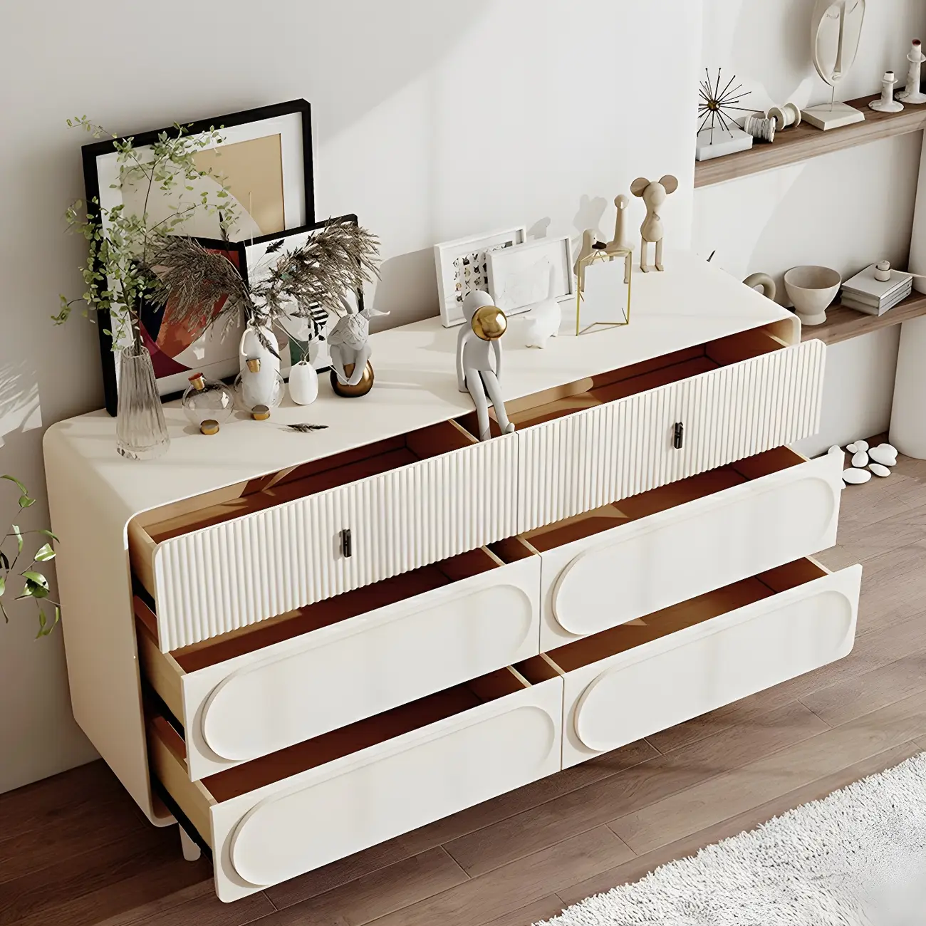 Classic White Wooden Chest with Metal Handles & Drawers