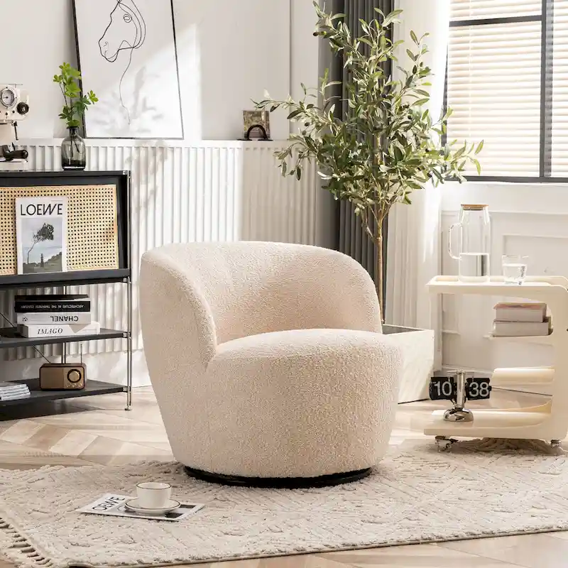 Single Fabric Modern Accent Chair 360 Degree Rotation Swivel Barrel Chairs