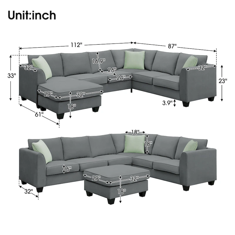 112*87  Sectional Sofa Couches Living Room Sets 7 Seats Modular Sectional Sofa with 3 Pillows, Grey