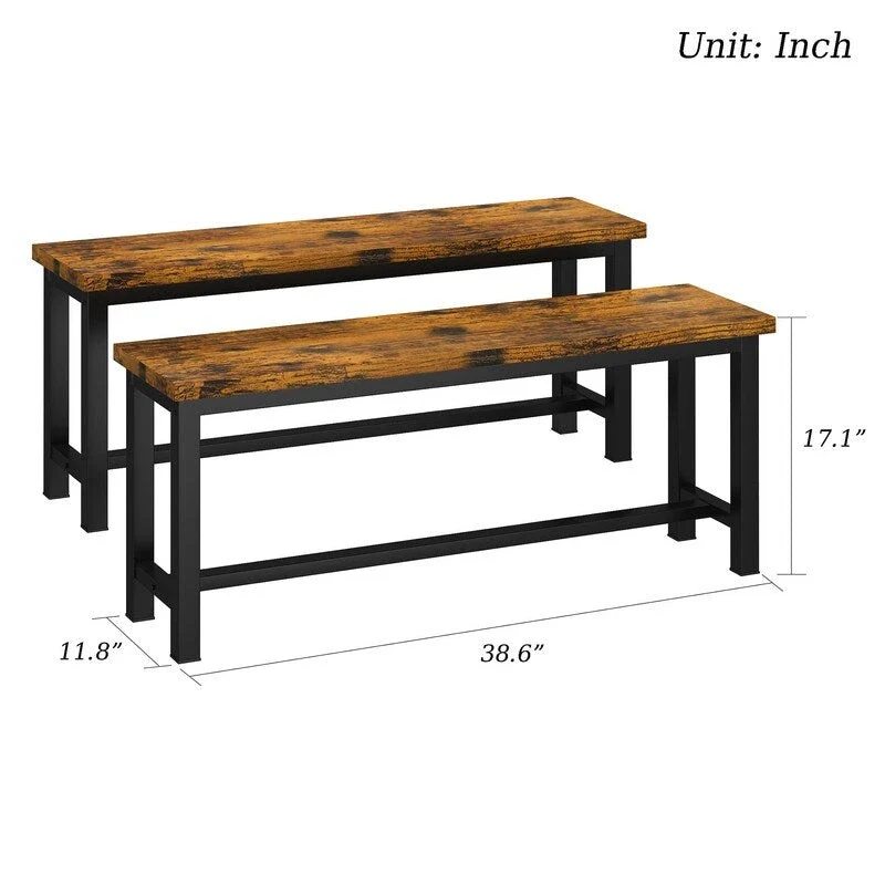 Grondin Industrail Style Dining Bench 2 Pieces Set, Wooden & Steel Dining Benches Set of 2, Durable and Stable Entryway Benches
