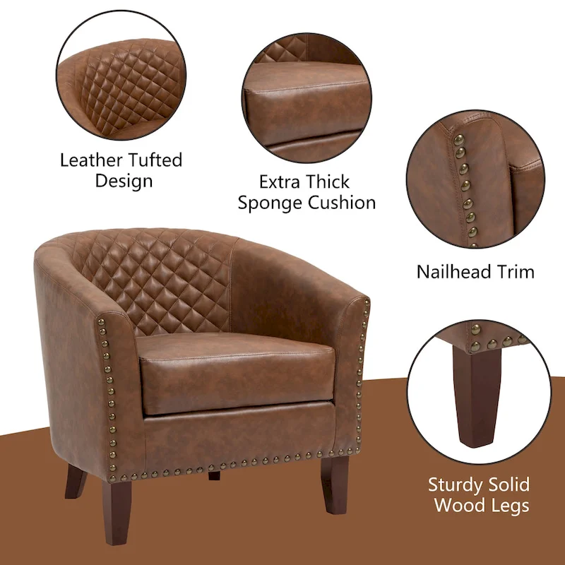 2 Set Vegan Leather Barrel Accent Chairs with Nailheads Trim