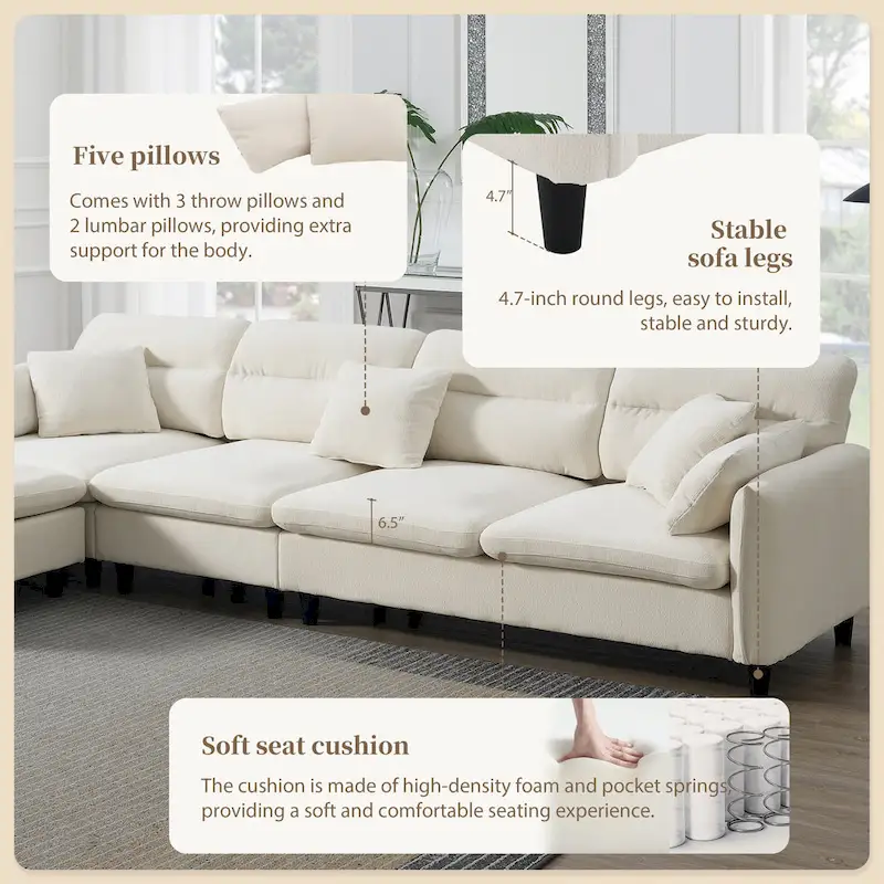 110  Modern L-Shaped Convertible 5-Seat Sectional Sofa with Removable Ottoman and 5 Cushions, Plush Chenille Fabric