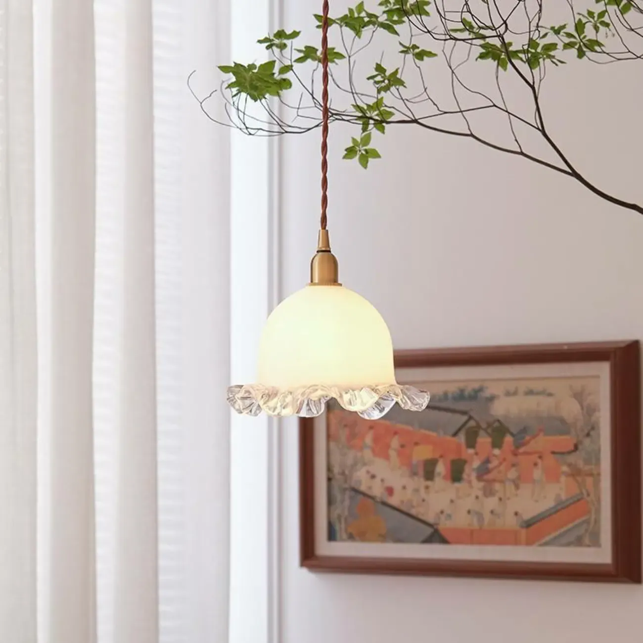 Elegant Brass White Floral Glass Kitchen Pendant Light